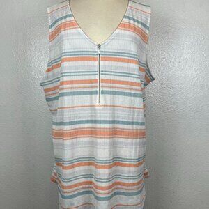 Lularoe Rachael Sleeveless 1/2 Zip White Blue Coral Striped Top Blouse 2XL